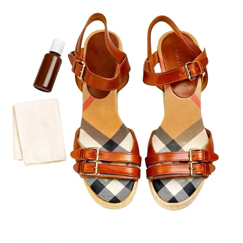 Burberry Tan Leather Check Canvas Espadrille Wedge Sandals Italy Size 35 in GUC